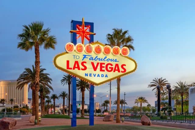 Las Vegas, Nevada, USA at the Welcome to Las Vegas Sign at dusk.