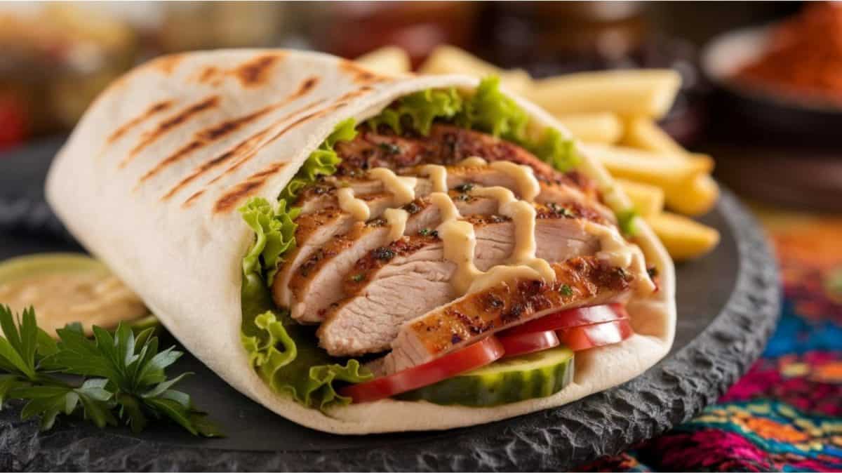 Chicken Shawarma Wrap: A flavorful wrap filled with marinated and grilled chicken shawarma, fresh veggies, and a drizzle of garlic sauce, wrapped in a soft flatbread