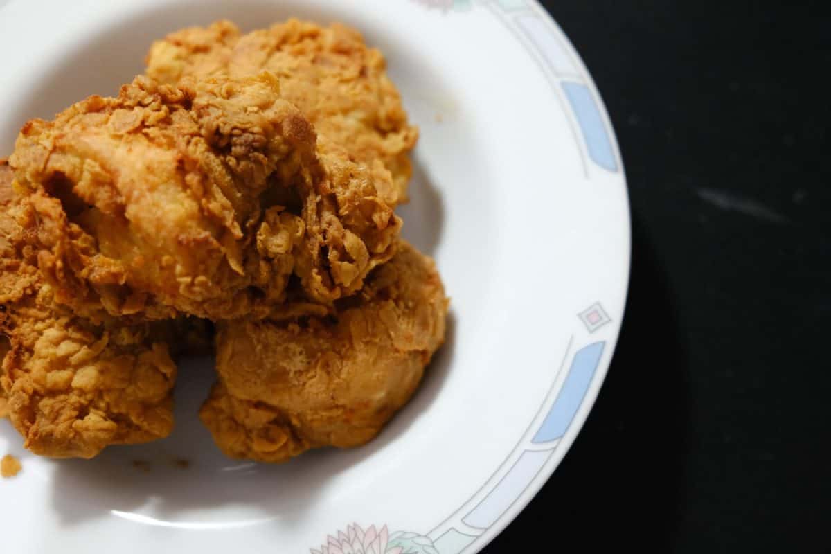 home made fried chicken by local recipie crispy yummy and tasty good served with mash potato and gravy