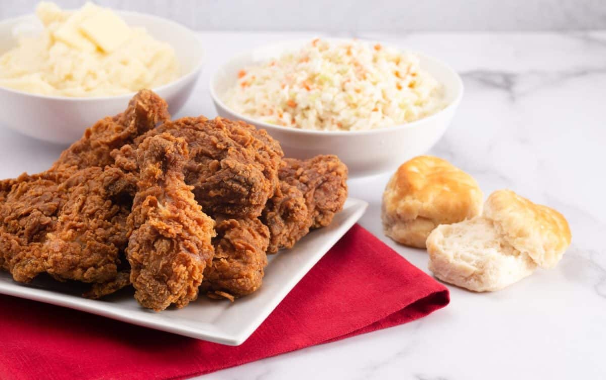 Homestyle Meal of Fried Chicken Mashed Potatoes Coleslaw and Buttermilk Biscuits