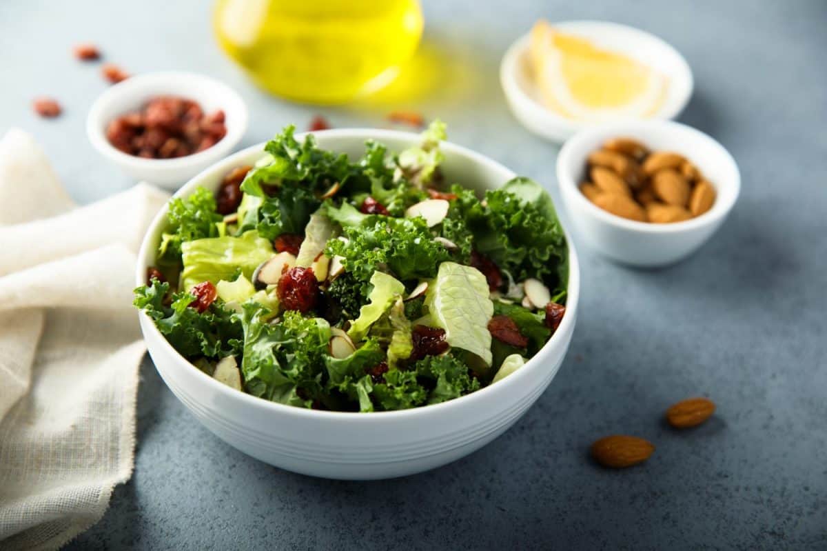 Healthy kale salad with almond and cranberry