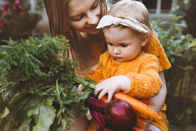 Mother and daughter child with organic vegetables healthy eating lifestyle vegan food homegrown beet and carrot local farming grocery shopping agriculture concept