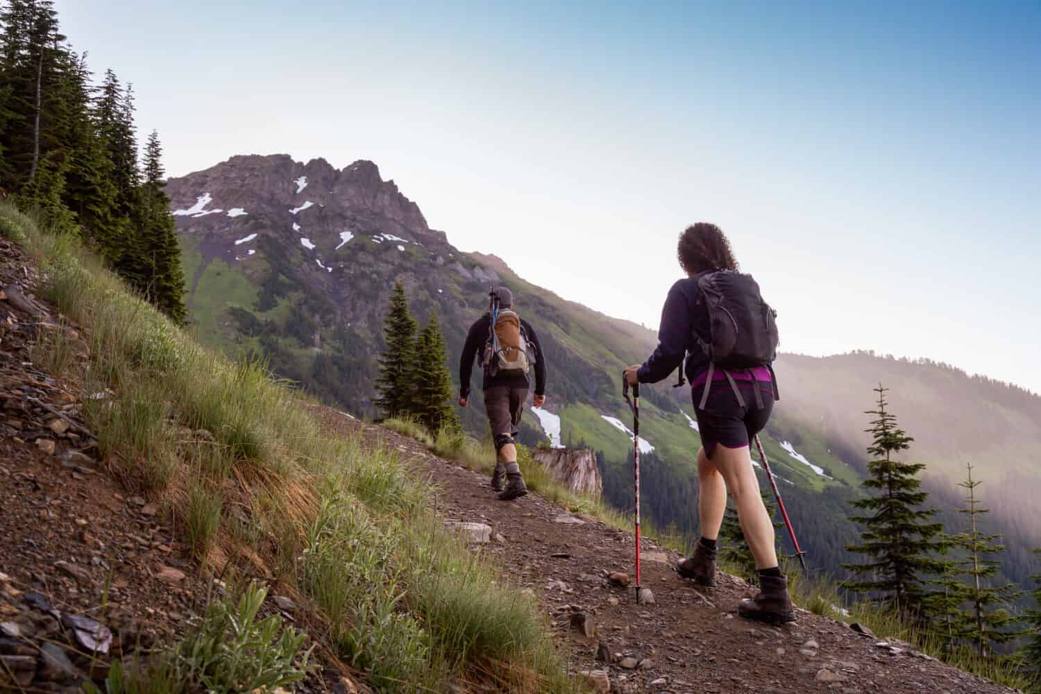 Adventurous people Hiking in the Canadian Mountains during a sunny summer morning. Taken in Chilliwack, East of Vancouver, British Columbia, Canada.