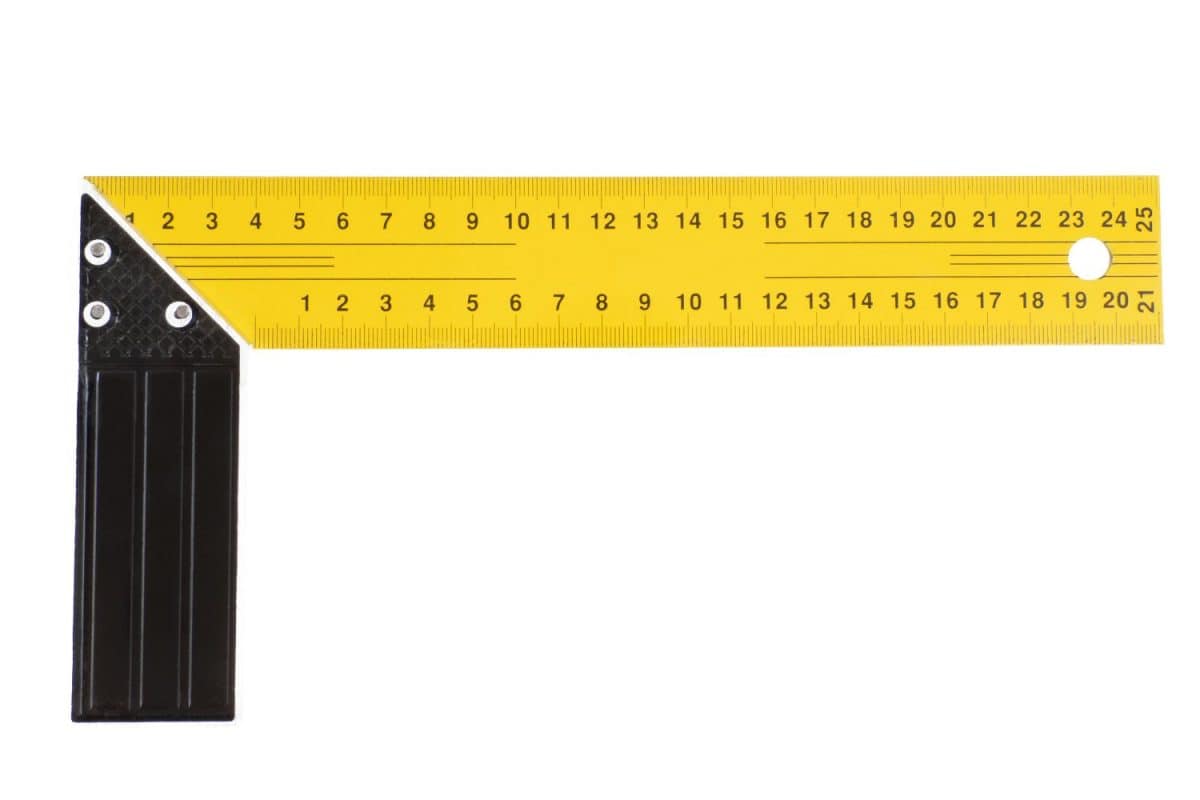 Iron ruler with angle bar, set square, isolated on a white background.