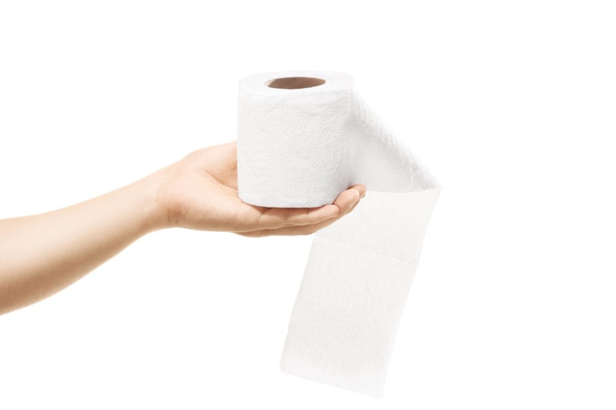 Female hand holding a roll of toilet paper isolated on white background