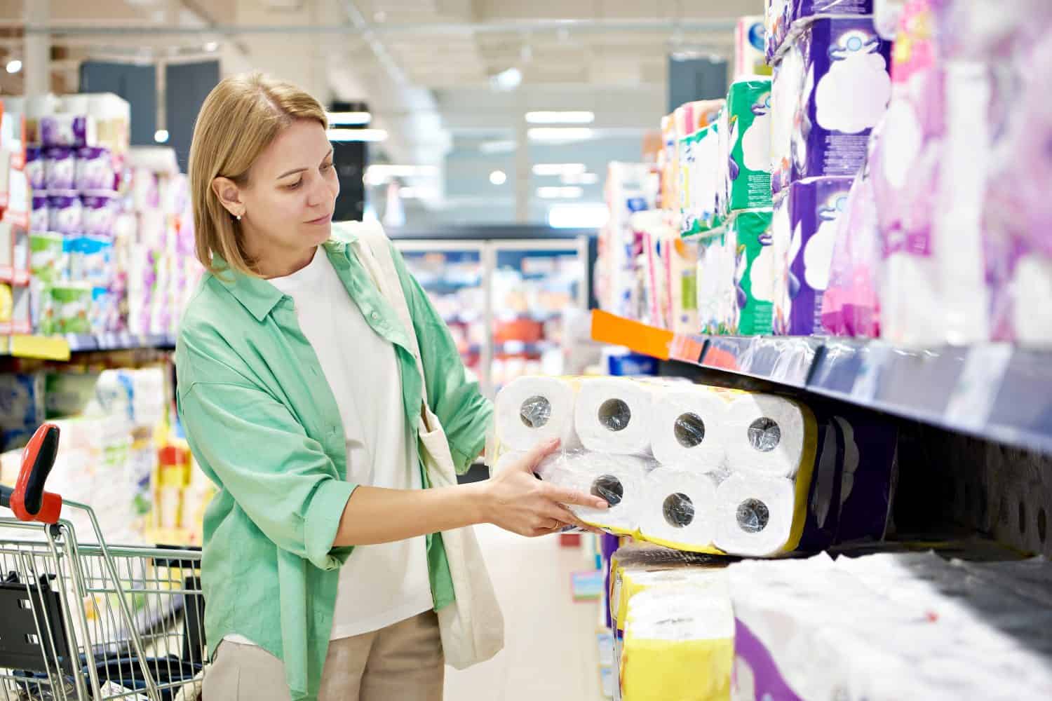 Woman buying toilet paper in a store. Charmin Was My Family's Favorite for Years, But These 8 Toilet Paper Brands Are Better