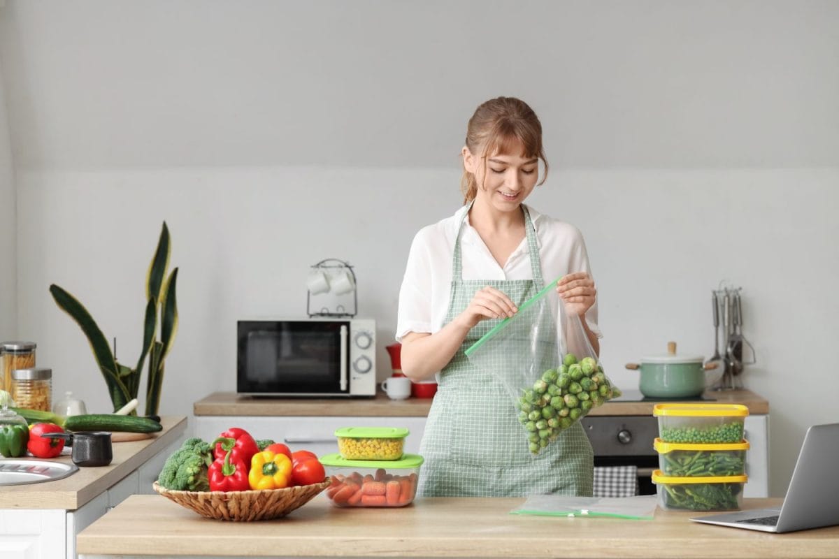 Woman holding plastic bag with brussels sprouts for freezing in kitchen