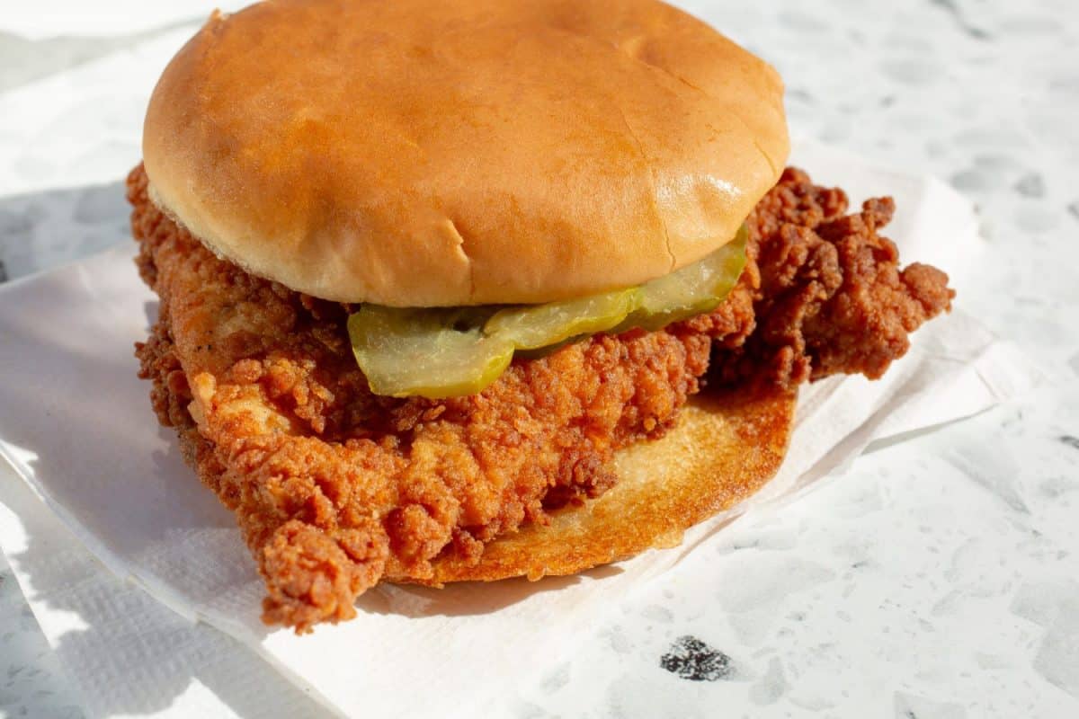 A view of a restaurant style fried chicken sandwich.