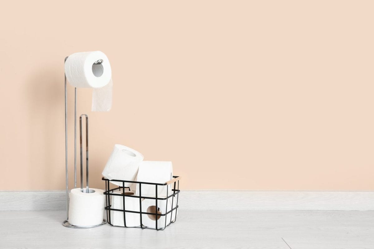 Basket and holder with toilet paper rolls near color wall. Charmin Was My Family's Favorite for Years, But These 8 Toilet Paper Brands Are Better