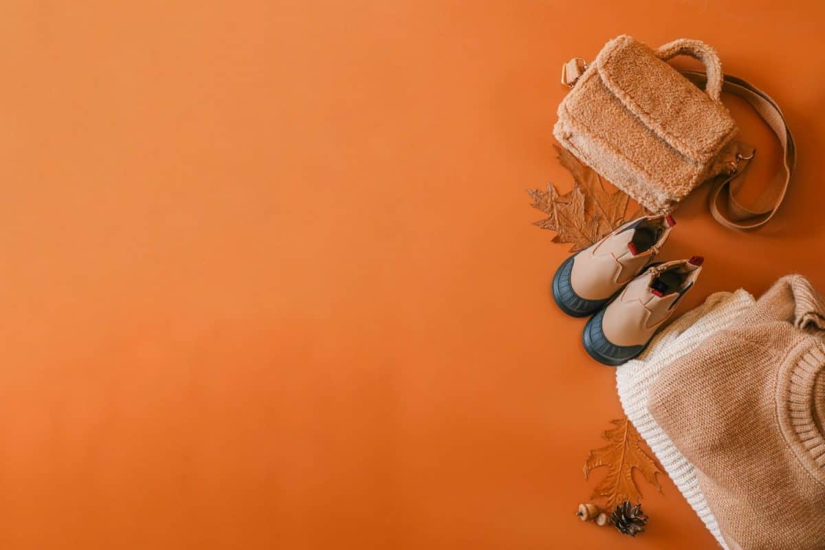 A soft, fuzzy bag, beige ankle boots, and warm knitted blanket on an orange background, accented by dried leaves, acorns, and pinecone.