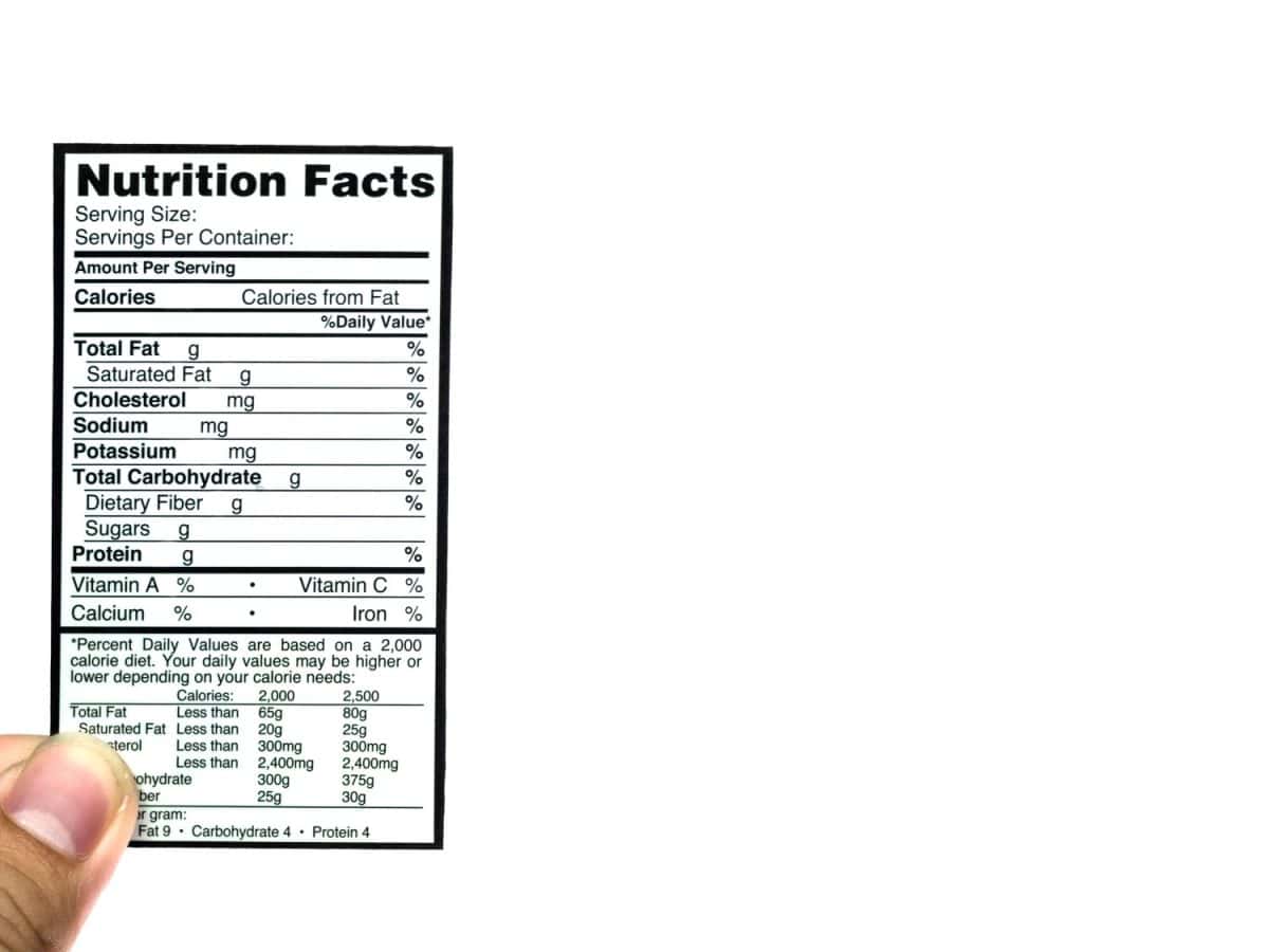 An isolated image of fingers holding a small blank white paper sheet of nutrition facts