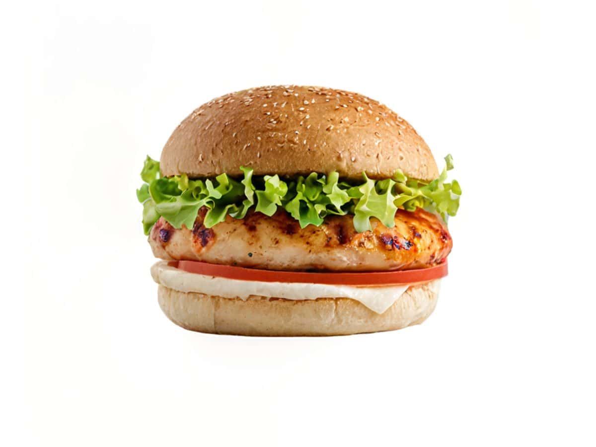 Closeup front view grilled chicken burger isolated on white background