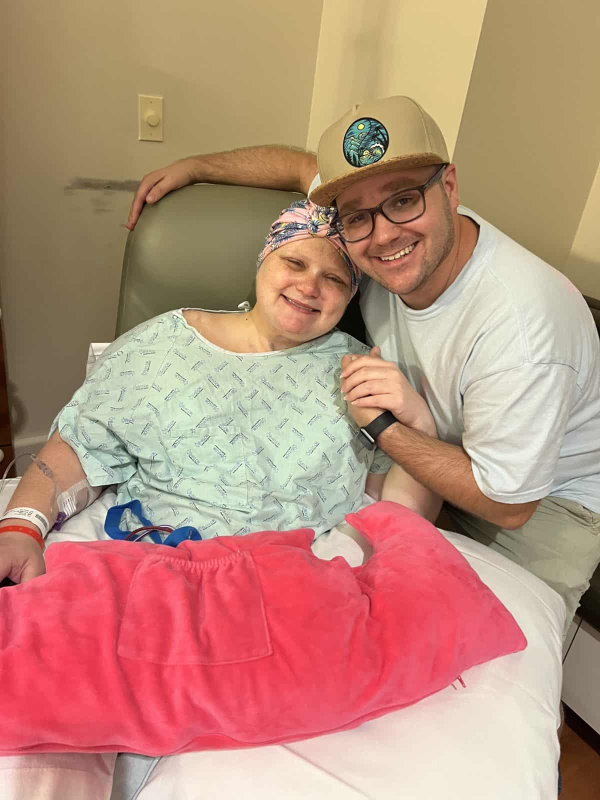 Sydni Ellis and her husband Nick Ellis in the hospital after a double mastectomy.