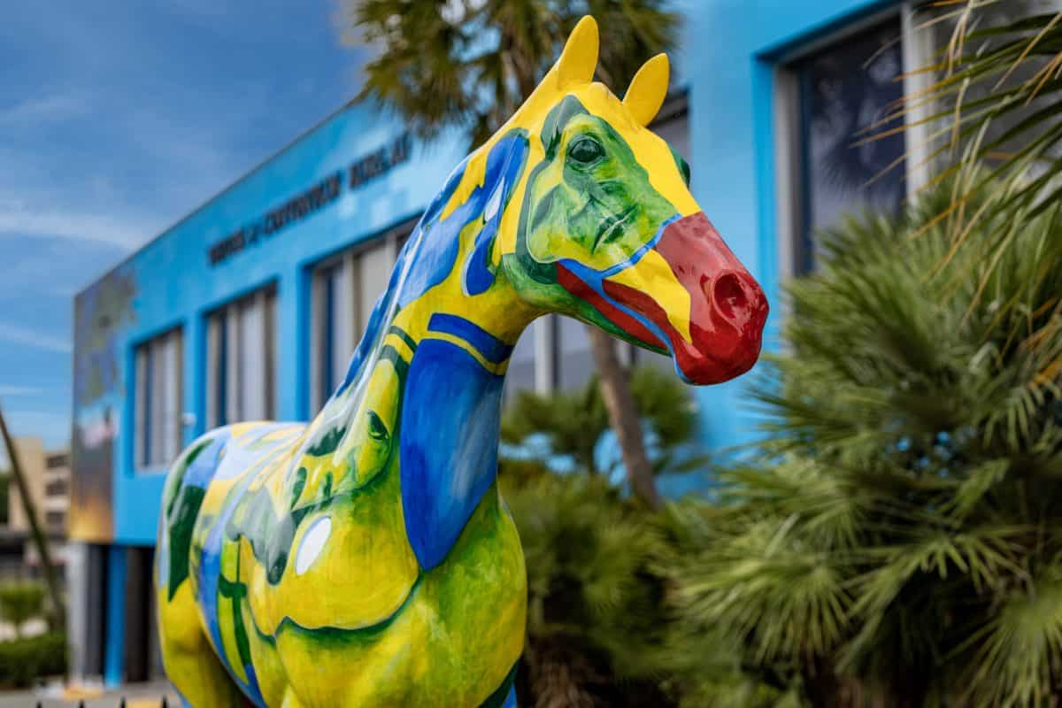 A painted horse statue.