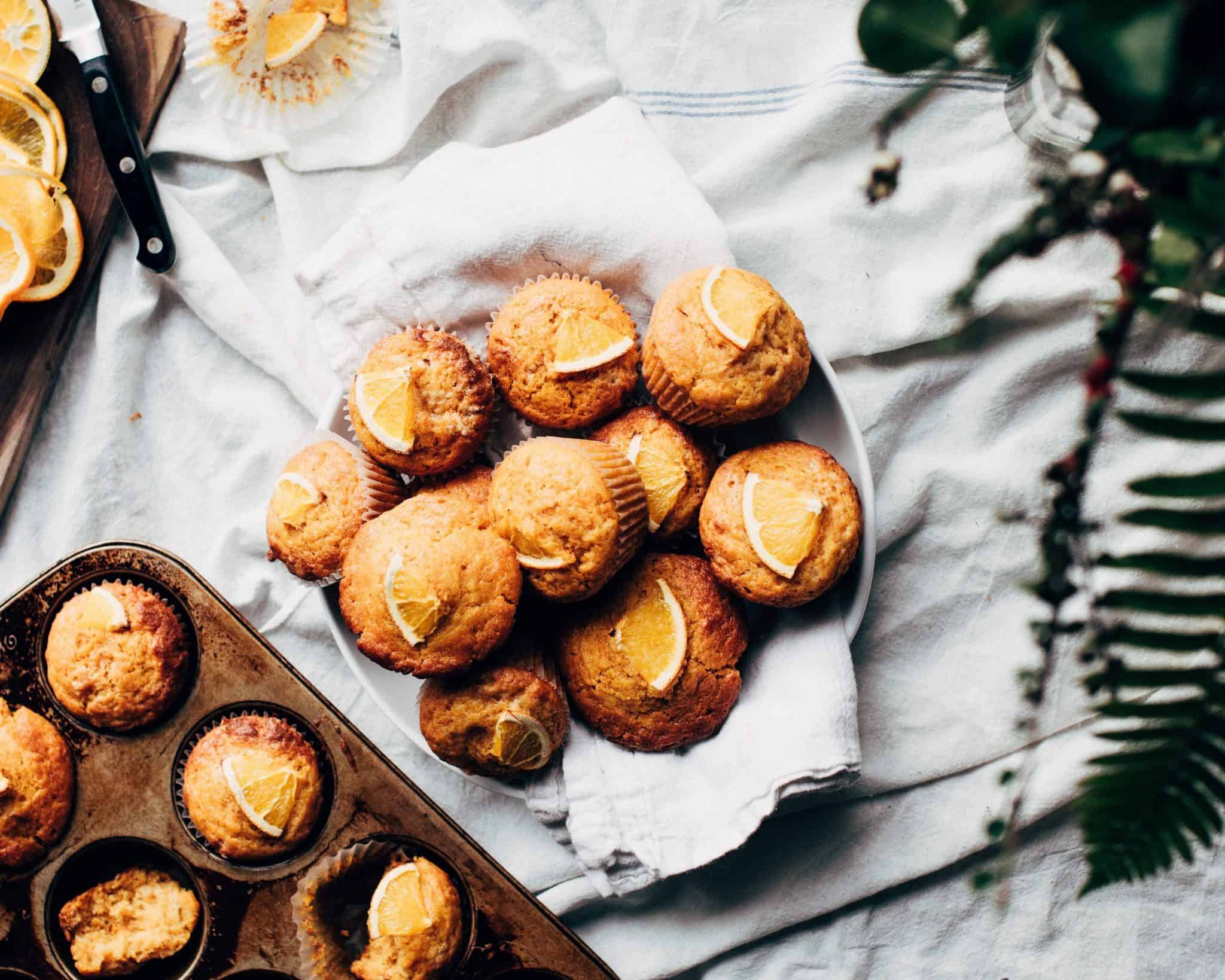 orange muffins, food, table, fruit, lemon, dessert